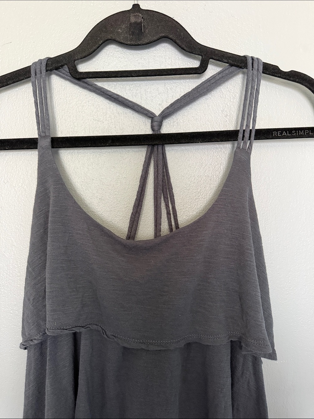 Kirra Charcoal Gray Boho Tiered Ruffle Tank Top - Strappy Open Back - Size Small - Picture 2 of 8